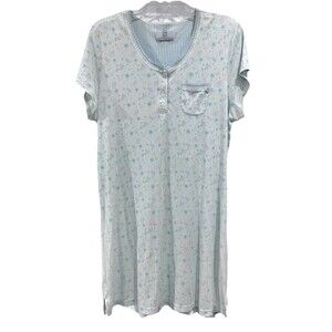 Karen Neuburger Nightgown Large Cap Sleeve Henley Teal Blue Floral
